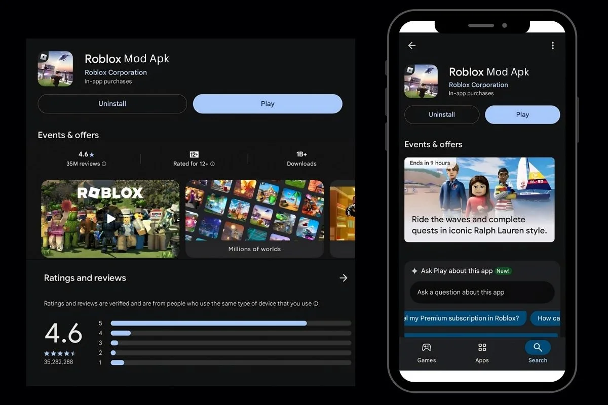 App interface displayed on a phone, showcasing Roblox mod APK download and user reviews.