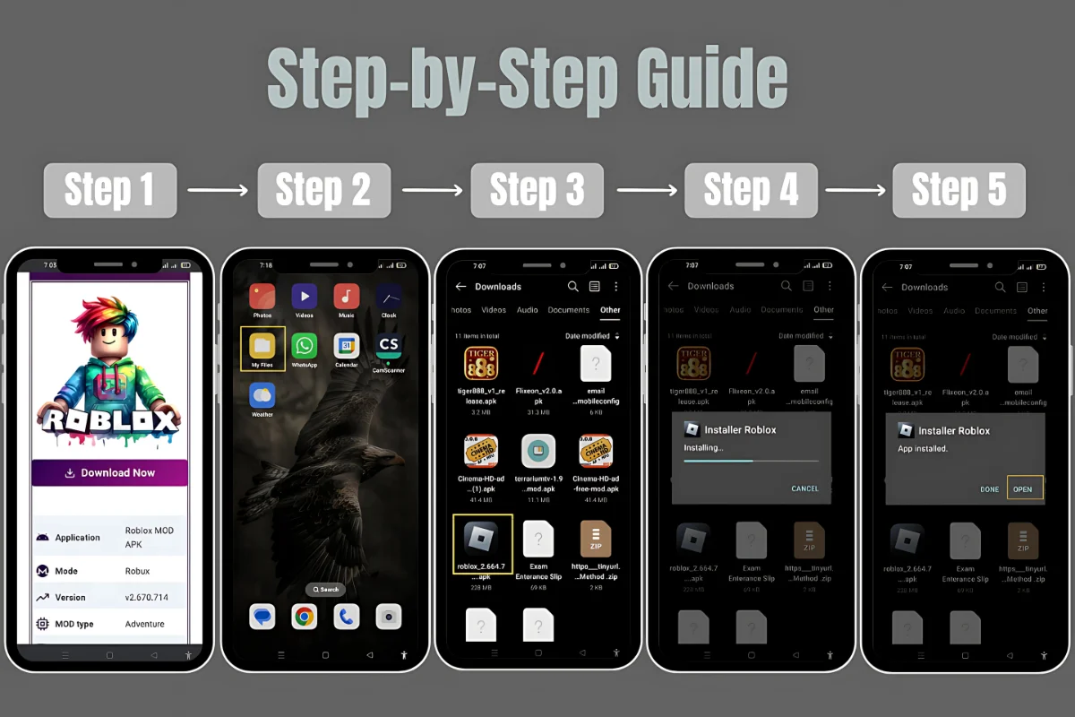 Steps outlining the process to install the app on a smartphone, including visuals and instructions for each step.
